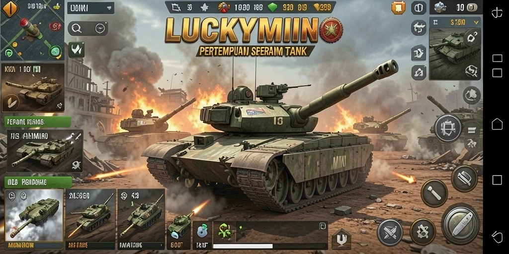 Antarmuka game Perang Tank LUCKYMINO yang menarik dan intuitif.