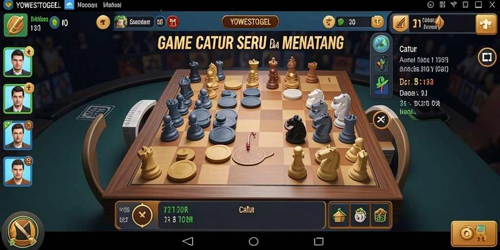 Antarmuka utama YOWESTOGEL menampilkan papan catur dan bidak yang detail.